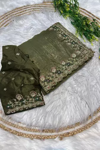 Mehndi Green Color embroidery sequence work art silk saree