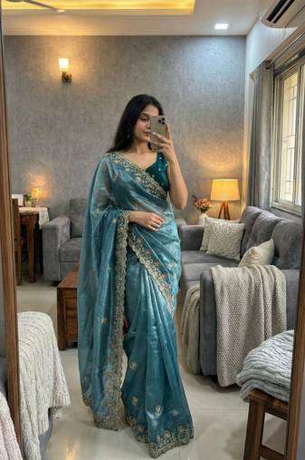 Peacock Blue Color embroidery sequence work Silk Saree