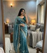 Peacock Blue Color embroidery sequence work Silk Saree