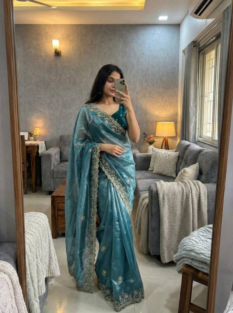 Peacock Blue Color embroidery sequence work Silk Saree