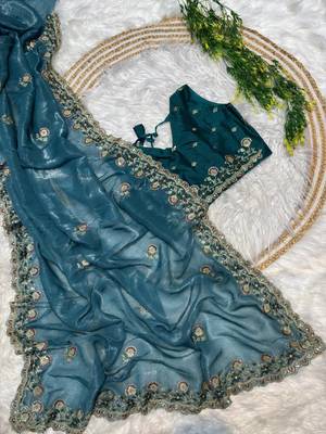 Peacock Blue Color embroidery sequence work art silk saree 2