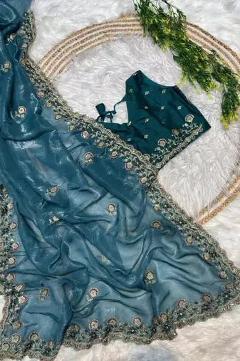 Peacock Blue Color embroidery sequence work art silk saree