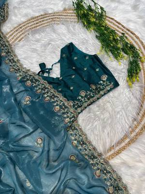 Peacock Blue Color embroidery sequence work art silk saree 3