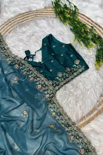 Peacock Blue Color embroidery sequence work art silk saree