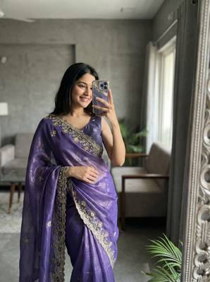 Purple Color embroidery sequence work art silk saree 1