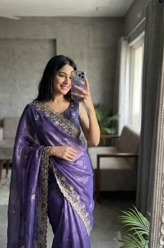 Purple Color embroidery sequence work Silk Saree