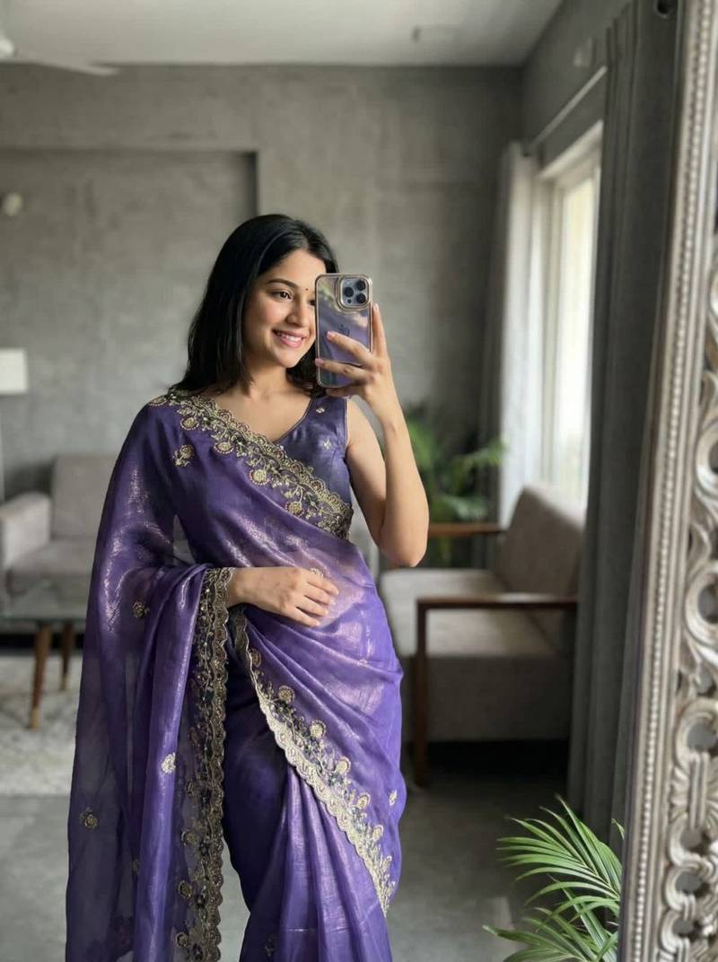 Purple Color embroidery sequence work Silk Saree