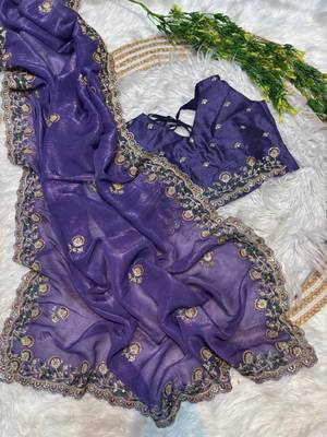 Purple Color embroidery sequence work art silk saree 2