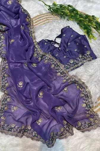 Purple Color embroidery sequence work art silk saree
