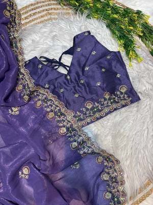 Purple Color embroidery sequence work art silk saree 3