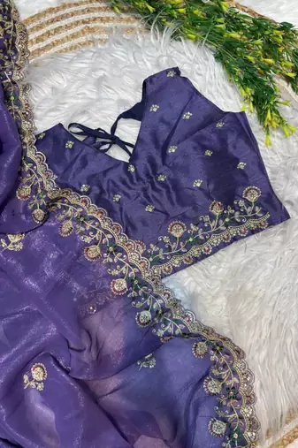 Purple Color embroidery sequence work art silk saree