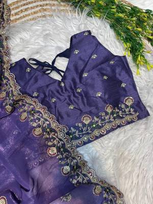 Purple Color embroidery sequence work art silk saree 4