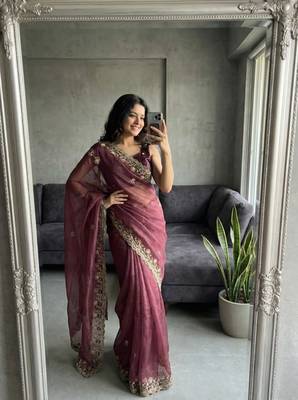 Wine Color embroidery sequence work art silk saree 1