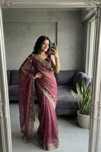 Wine Color embroidery sequence work Silk Saree