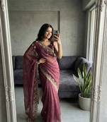 Wine Color embroidery sequence work Silk Saree