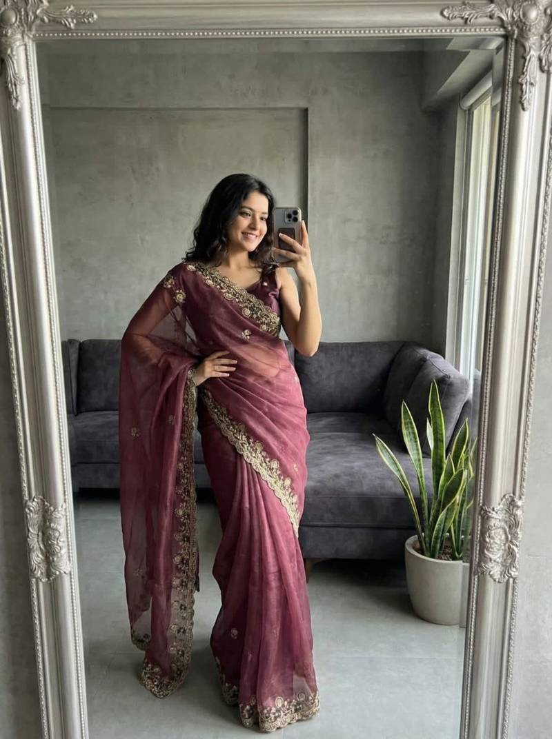 Wine Color embroidery sequence work Silk Saree