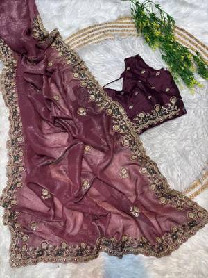 Wine Color embroidery sequence work art silk saree 2