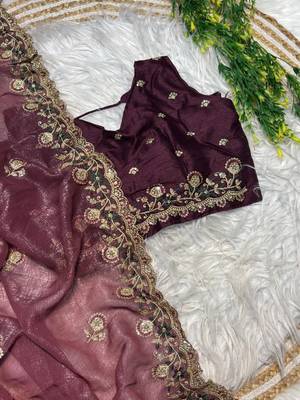 Wine Color embroidery sequence work art silk saree 3