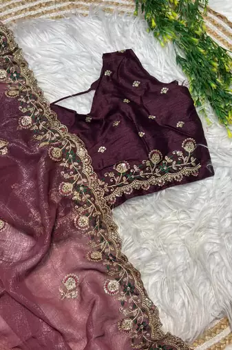 Wine Color embroidery sequence work art silk saree