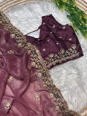 Wine Color embroidery sequence work art silk saree 4