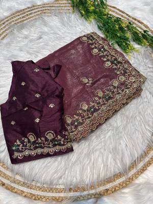 Wine Color embroidery sequence work art silk saree 5