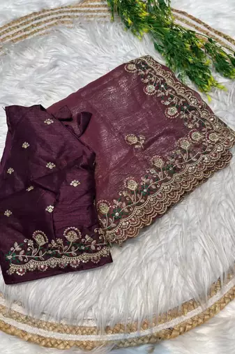 Wine Color embroidery sequence work art silk saree