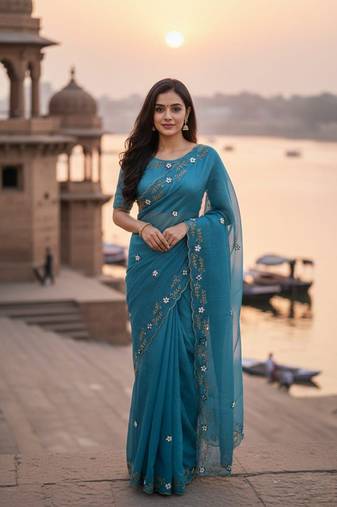 Blue Color  hand khatli And cutdana butta And heavy border aarco Silk Saree