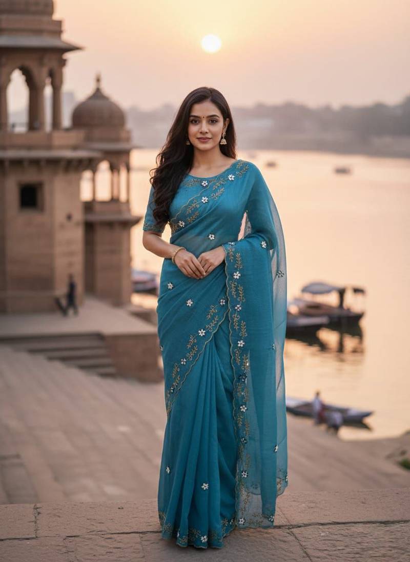 Blue Color  hand khatli And cutdana butta And heavy border aarco Silk Saree