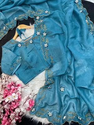 Blue Color  hand khatli And cutdana butta And heavy border aarco art silk saree 3
