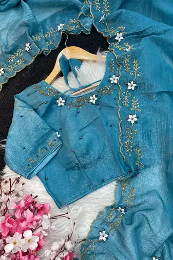 Blue Color  hand khatli And cutdana butta And heavy border aarco art silk saree