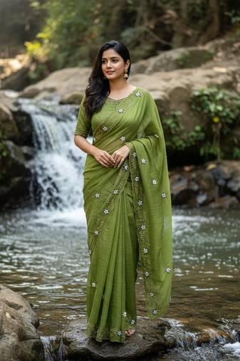 Green Color hand khatli And cutdana butta and heavy border aarco Silk Saree