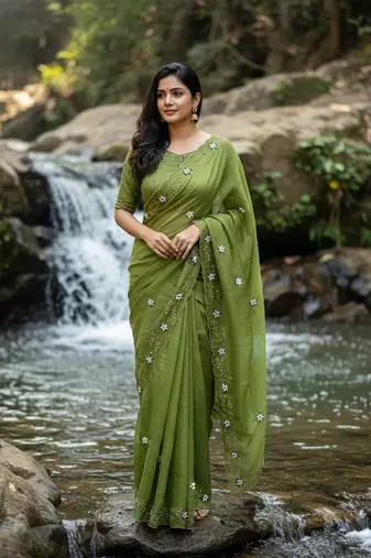 Green Color hand khatli And cutdana butta and heavy border aarco Silk Saree