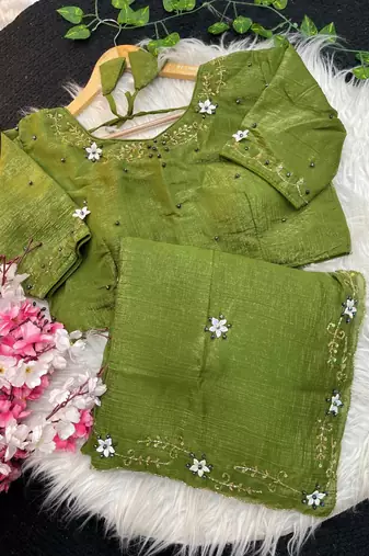 Green Color hand khatli And cutdana butta and heavy border aarco art silk saree