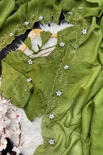 Green Color hand khatli And cutdana butta and heavy border aarco art silk saree
