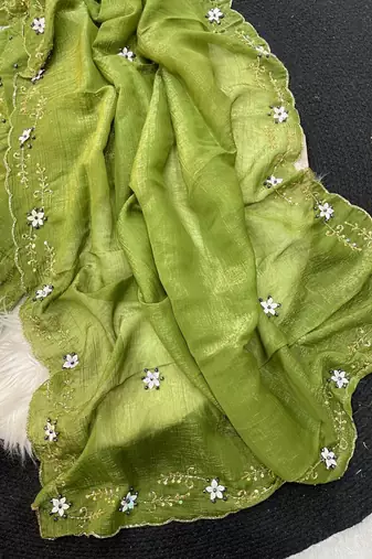Green Color hand khatli And cutdana butta and heavy border aarco art silk saree