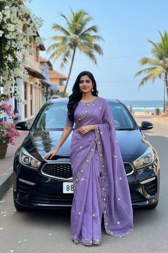 Purple Color hand khatli And cutdana butta and heavy border aarco Silk Saree