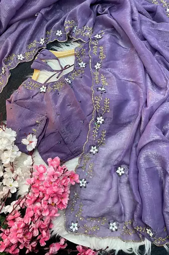 Purple Color hand khatli And cutdana butta and heavy border aarco art silk saree