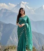 Teal Color hand khatli And cutdana butta and heavy border aarco Silk Saree