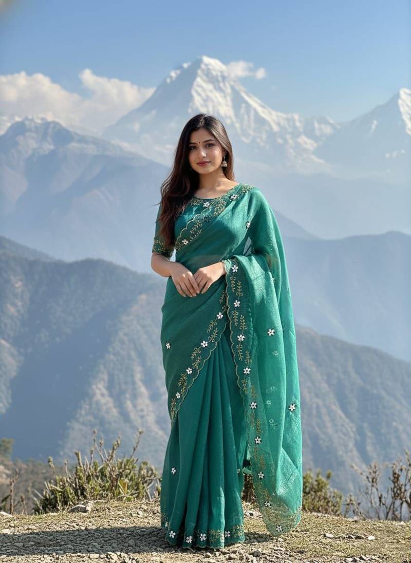 Teal Color hand khatli And cutdana butta and heavy border aarco Silk Saree