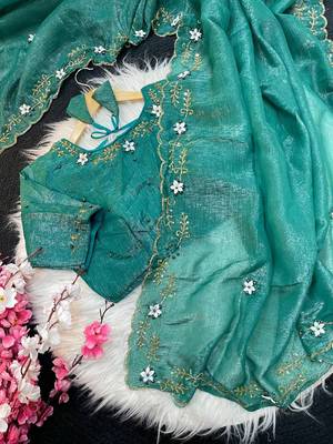 Teal Color hand khatli And cutdana butta and heavy border aarco art silk saree 3