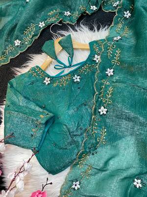 Teal Color hand khatli And cutdana butta and heavy border aarco art silk saree 4