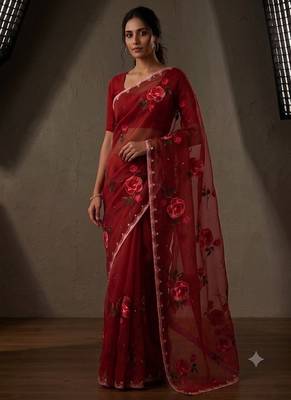  Red Color digital prints flower and hand cutdana work art silk saree 1