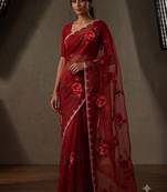  Red Color digital prints flower and hand cutdana work art silk saree