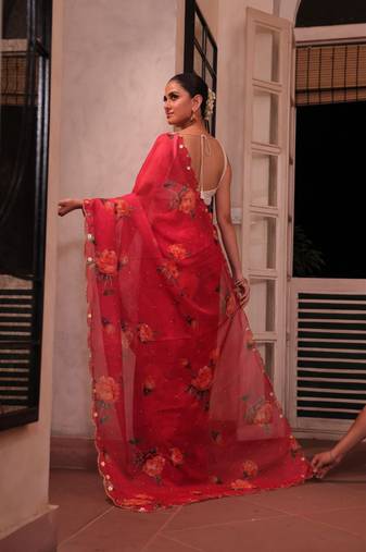  Red Color digital prints flower and hand cutdana work Silk Saree