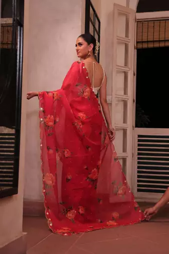  Red Color digital prints flower and hand cutdana work Silk Saree