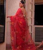  Red Color digital prints flower and hand cutdana work Silk Saree