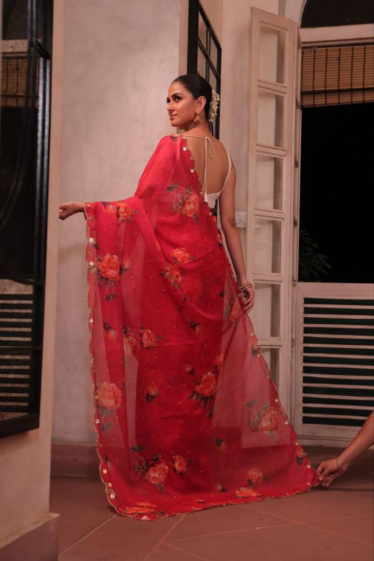  Red Color digital prints flower and hand cutdana work Silk Saree