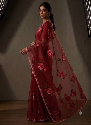  Red Color digital prints flower and hand cutdana work art silk saree 2