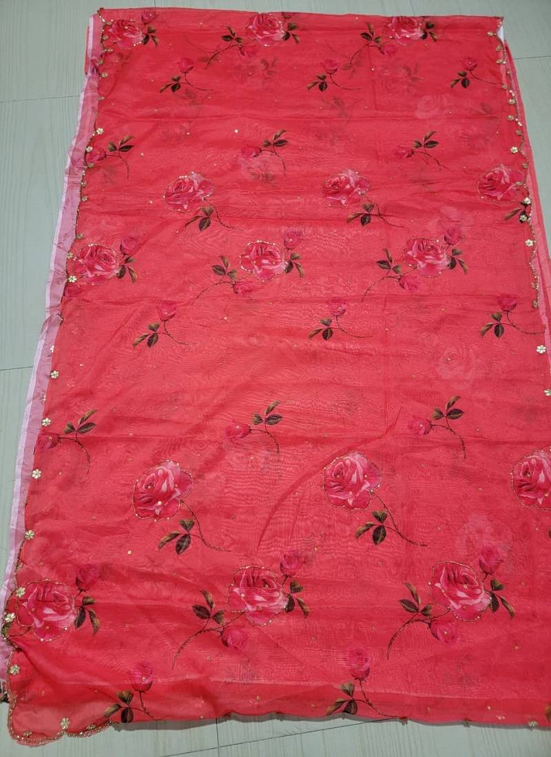  Red Color digital prints flower and hand cutdana work art silk saree