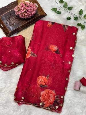  Red Color digital prints flower and hand cutdana work art silk saree 3